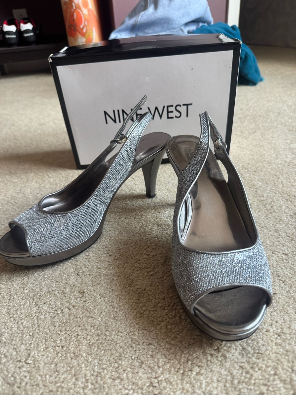 Nine West Silver Glitter Peep-Toe Slingback Pumps